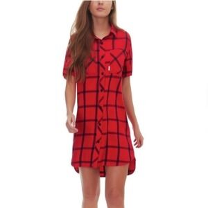 Topo Designs Red NAVY Plaid Organic FLANNEL Short Sleeve Shirt Dress WOMEN Small